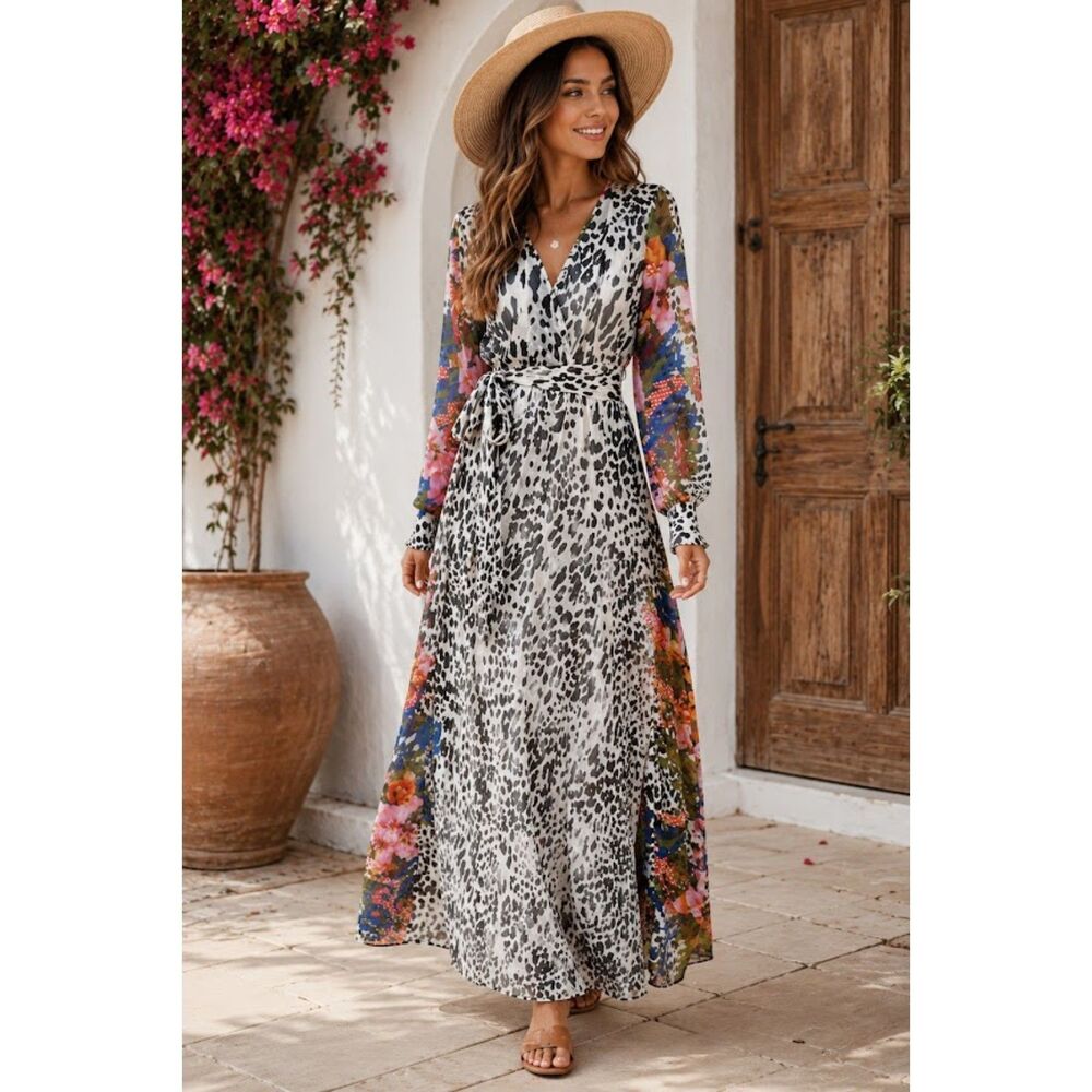 Designer V Neck Boho Vacation MAXI DRESS Long Sleeve Chiffon Beach Party NEW M